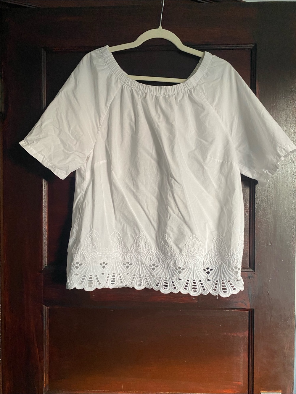 Talbots Cotton White Eyelet-Hem Short Sleeve Blouse